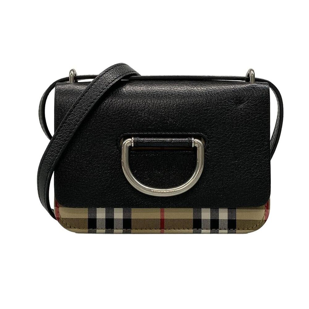 BURBERRY Shoulder Bag Check Strap Black Beige Multi Leather